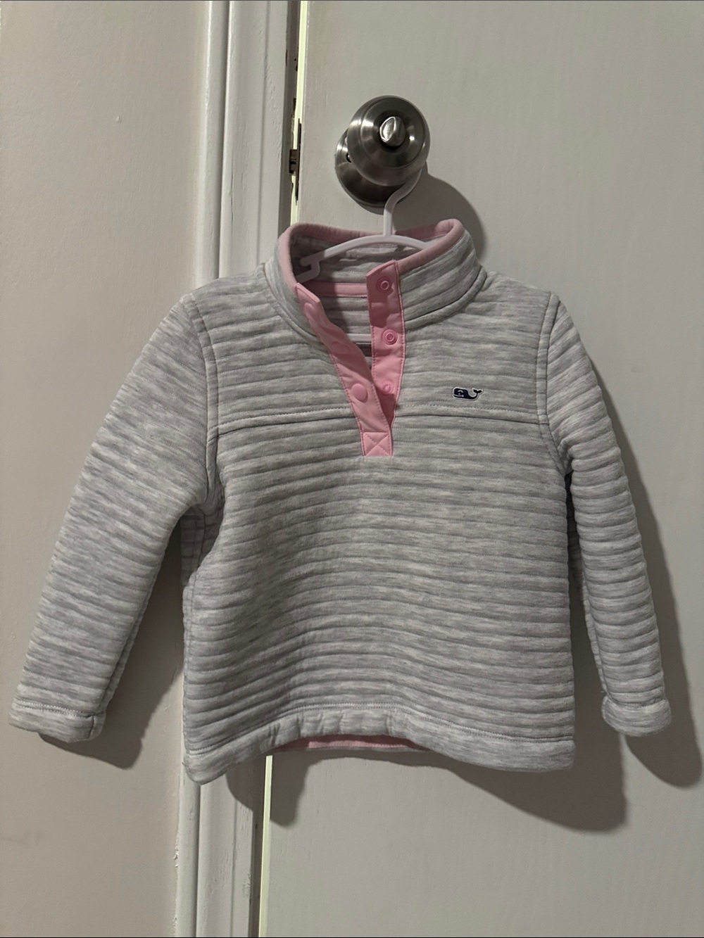 Vineyard Vines Kids Quilted Pullover Sweatshirt - Light Gray with Pink Trim